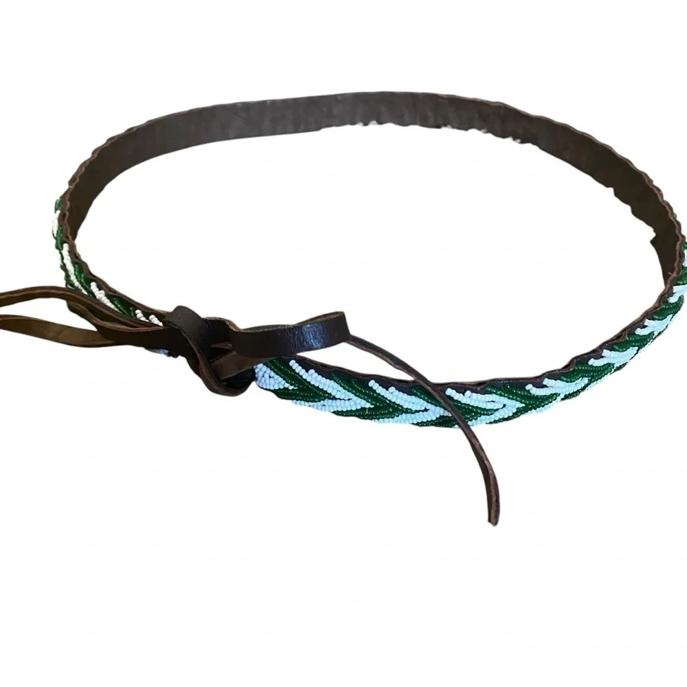 Beaded Leather Belt Sz 30 - Green and White
